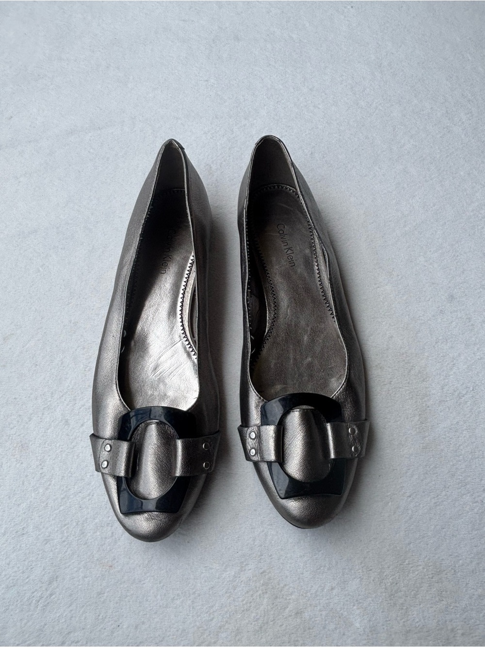 Calvin Klein Metallic Pewter Ballet Flats with Decorative Buckle